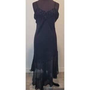 VTG California Dynasty Black Beaded Lace Chiffon Slip Dress L Asymmetrical Hem